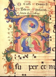 Missaal 515 f.42r Geïllustreerde initiaal R die de Aankondiging toont, 1448-49